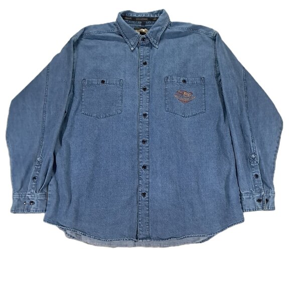 Vintage Harley Davidson Denim Shirt Men XXL 2XL Blue 100% Cotton Embroidered - Picture 2 of 14